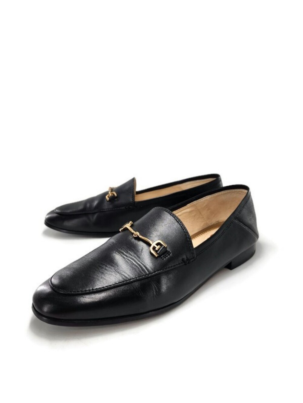 Sam Edelman Loraine Black Leather Gold Horsebit Slip-On Loafer Flats